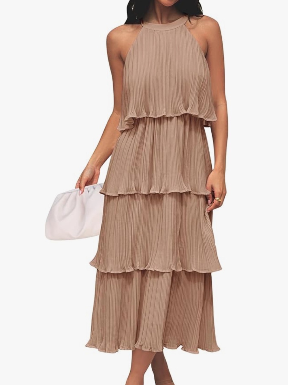 Women's Large Tiered Pleated Halter Midi Dress in Taupe